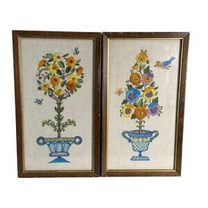 Bucilla Vintage Floral Topiaries Crewel Work Framed Set Two